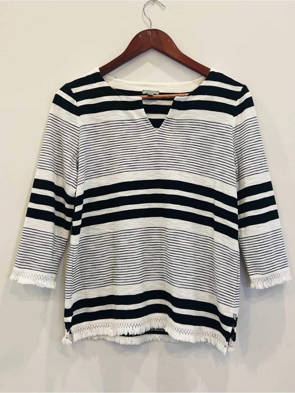 Striped Black and White Fringe Hem Women's Top
